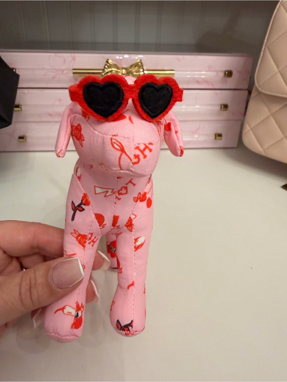Victoria’s Secret Pink Dog.Patterned Plush Dog with Red Heart Sunglasses